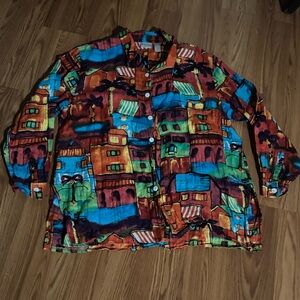 Vintage Chico’s Linen Colorful Big City Print Button Up Size 3 Art‎ Oversized